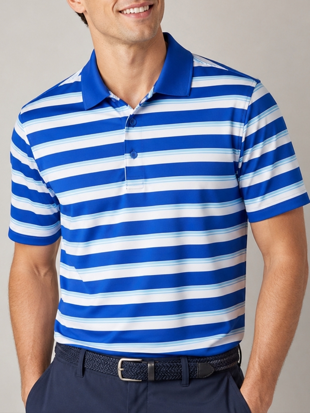 Nike Golf Polo Blue White Striped Dri Fit Mens Large Performance Athleisure